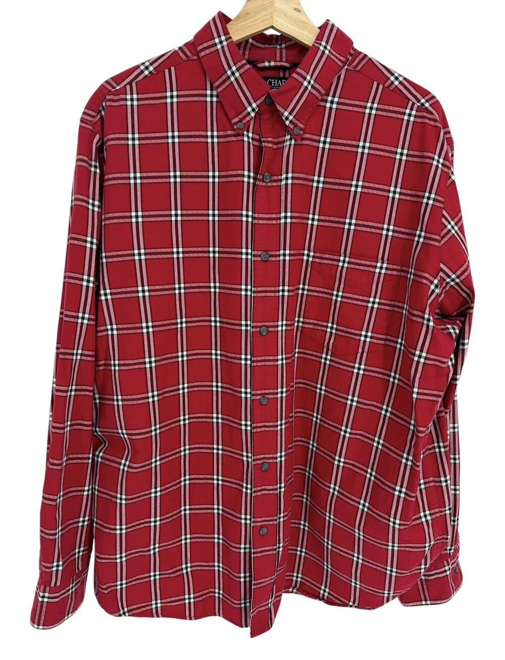 CHAPS Button Down Shirt Mens XL X-Large Tall Red Plaid Long Sleeve 100% Cotton